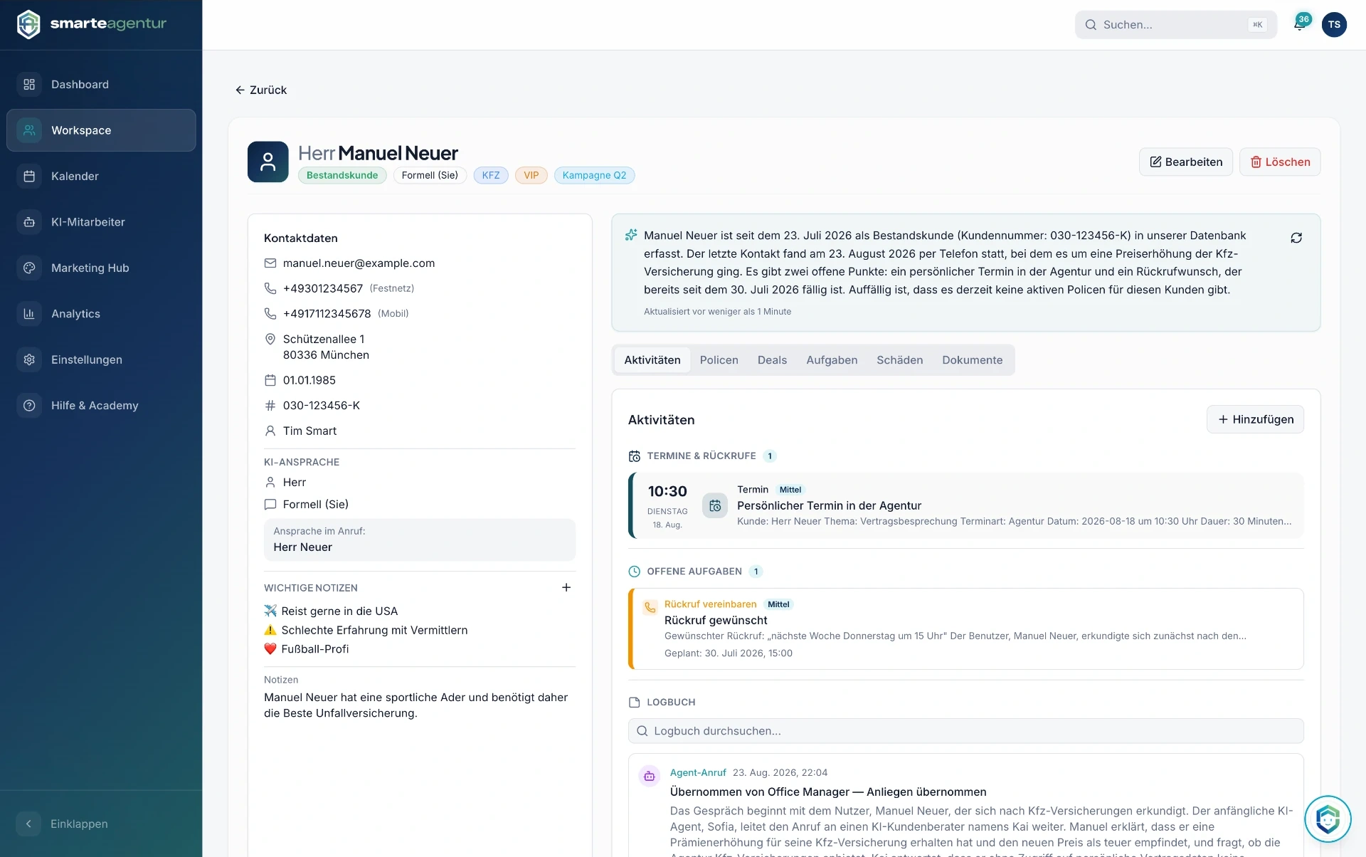 Der KI Office Manager im Workspace mit eigener Nummer und Zuständigkeiten