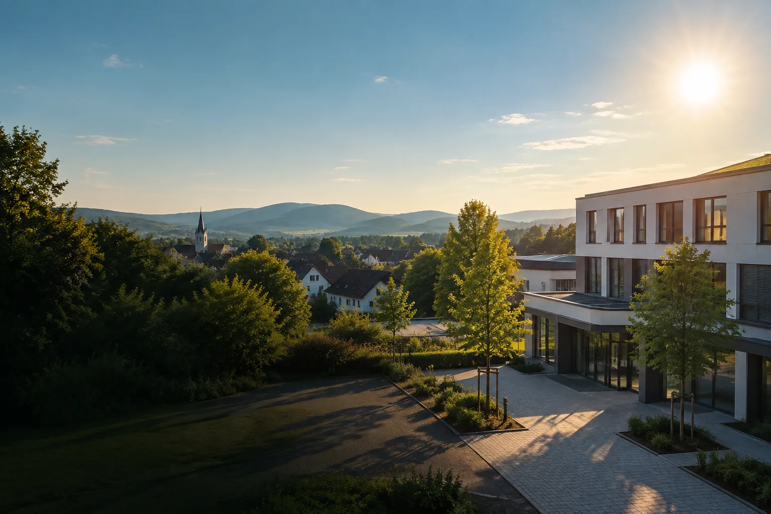 Sonniger Tag über einer ruhigen Versicherungsagentur